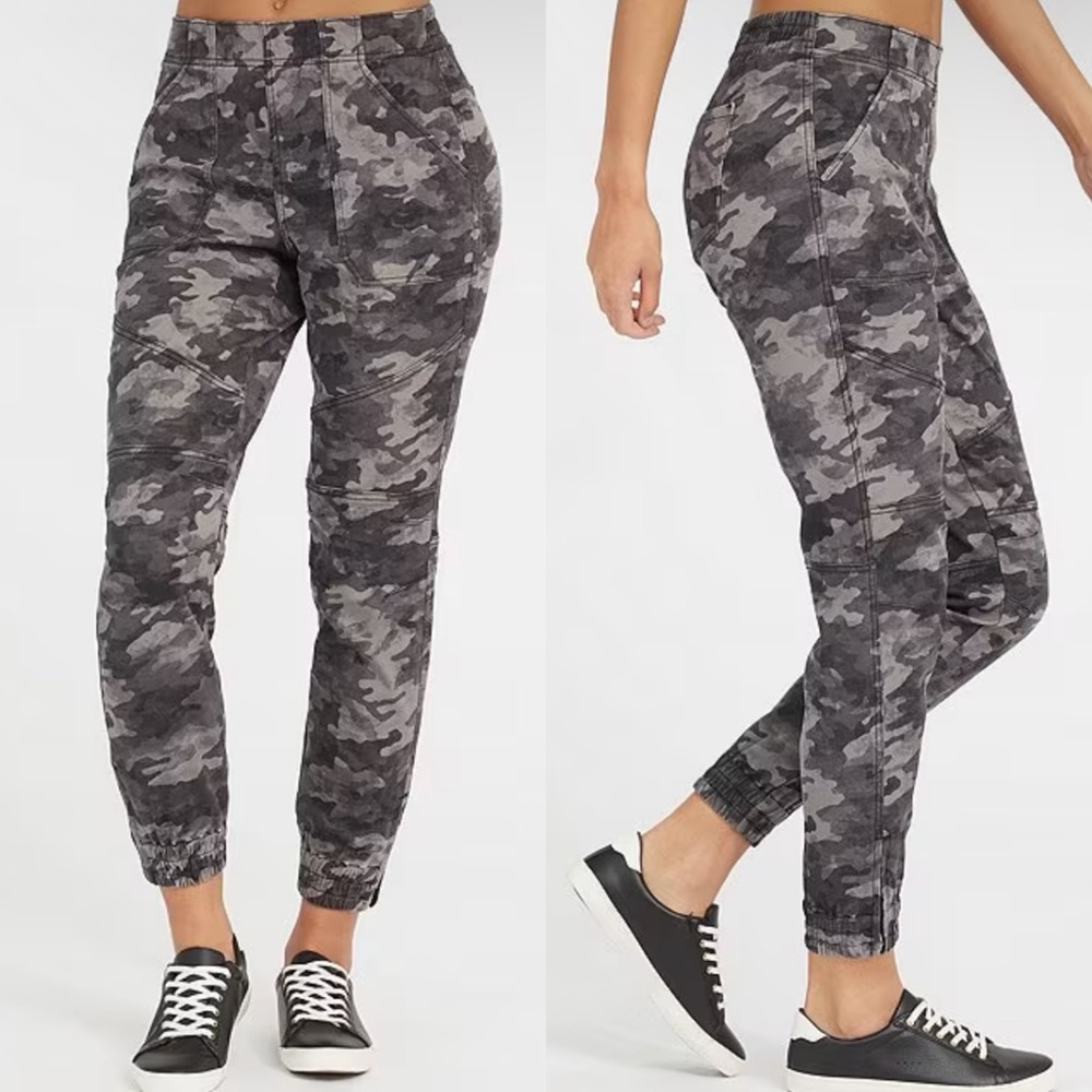 Spanx‎ Black Wash Camo Stretch Mid Rise Twill Cargo Zip Hem Ankle Length Joggers
